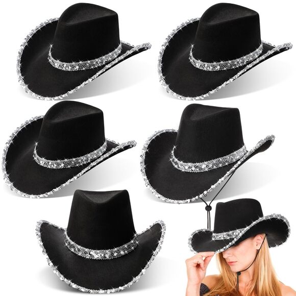 7956 6 Pack Western Cowboy Hats With Rhinestone Tassel Bands Sequin Trim